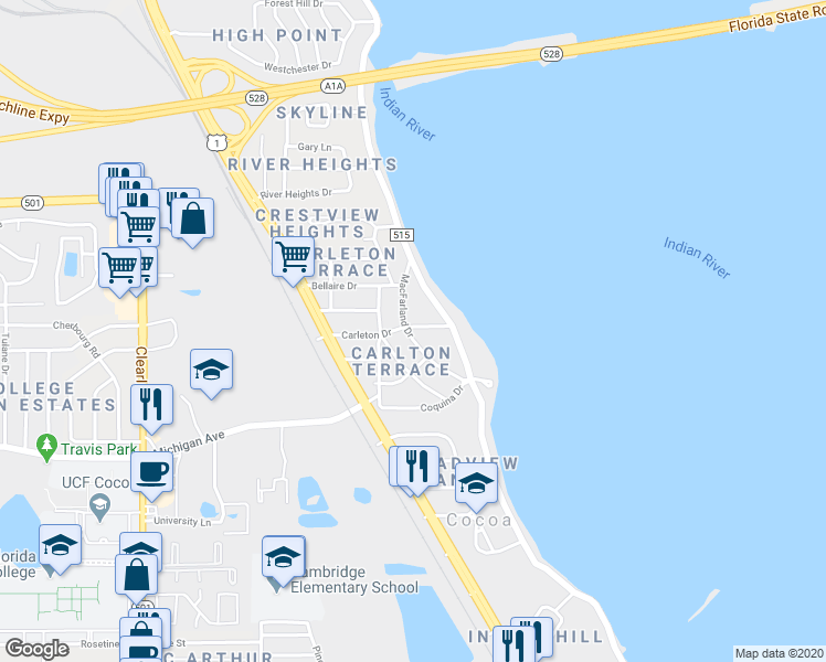 map of restaurants, bars, coffee shops, grocery stores, and more near 2306 Macfarland Drive in Cocoa