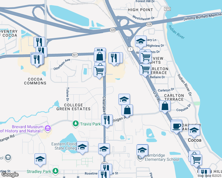 map of restaurants, bars, coffee shops, grocery stores, and more near 2600 Clearlake Road in Cocoa