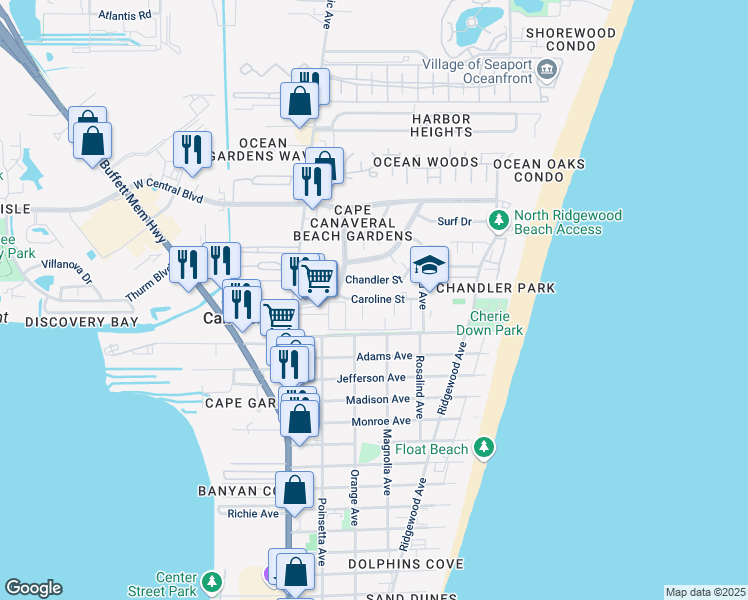map of restaurants, bars, coffee shops, grocery stores, and more near 213 Caroline Street in Cape Canaveral