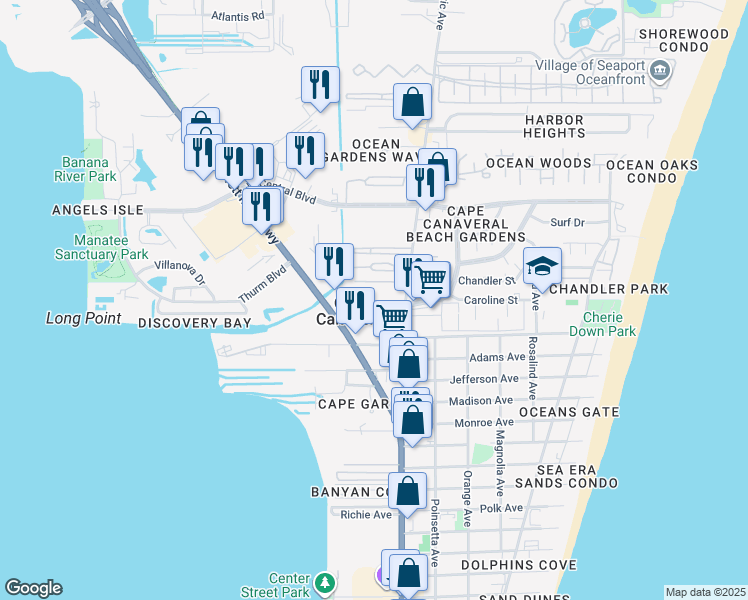map of restaurants, bars, coffee shops, grocery stores, and more near in Cape Canaveral