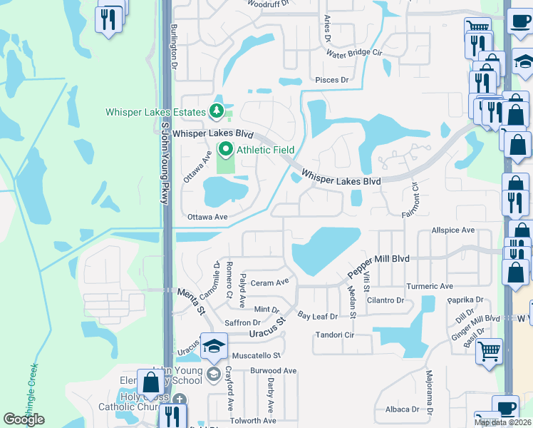 map of restaurants, bars, coffee shops, grocery stores, and more near 2607 Parsley Drive in Orlando