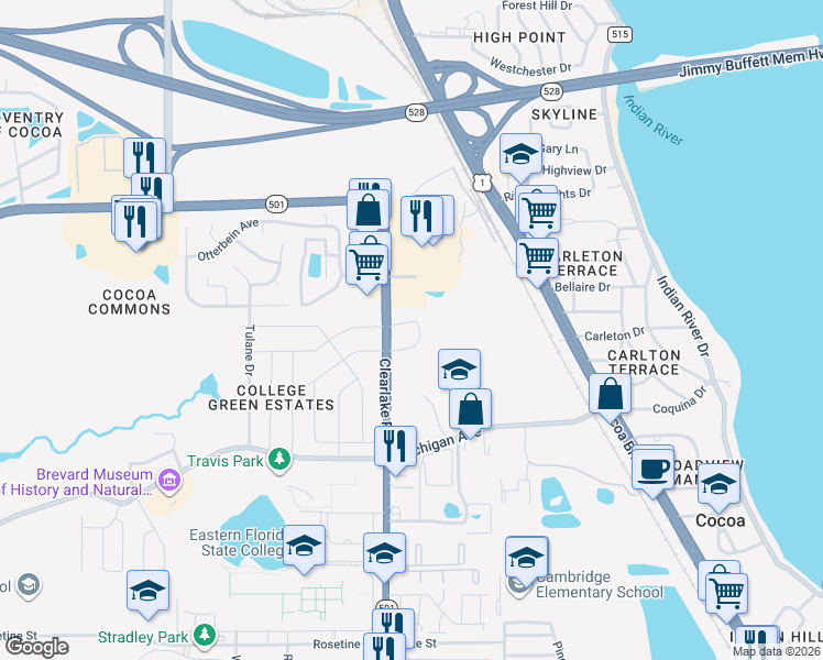 map of restaurants, bars, coffee shops, grocery stores, and more near 2600 Clearlake Road in Cocoa