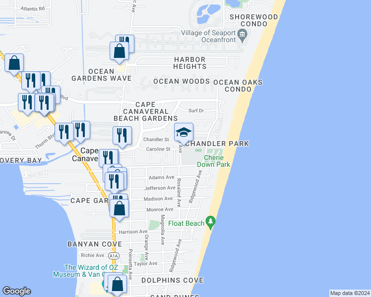 map of restaurants, bars, coffee shops, grocery stores, and more near 8440 Rosalind Avenue in Cape Canaveral