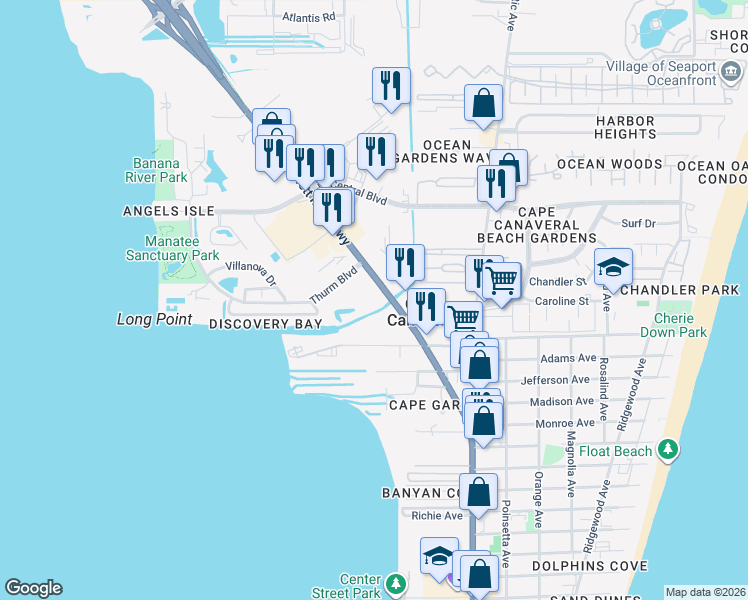 map of restaurants, bars, coffee shops, grocery stores, and more near 8501 Astronaut Boulevard in Cape Canaveral