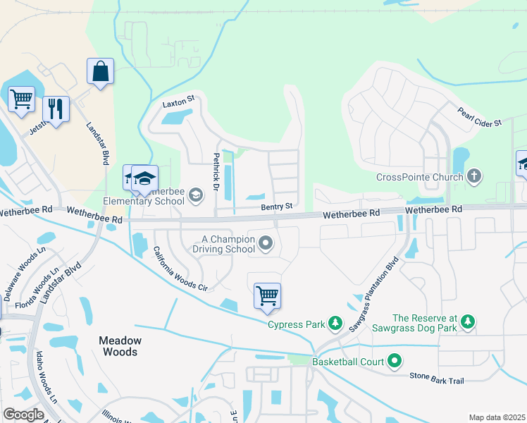 map of restaurants, bars, coffee shops, grocery stores, and more near 11400 Brindle Street in Orlando