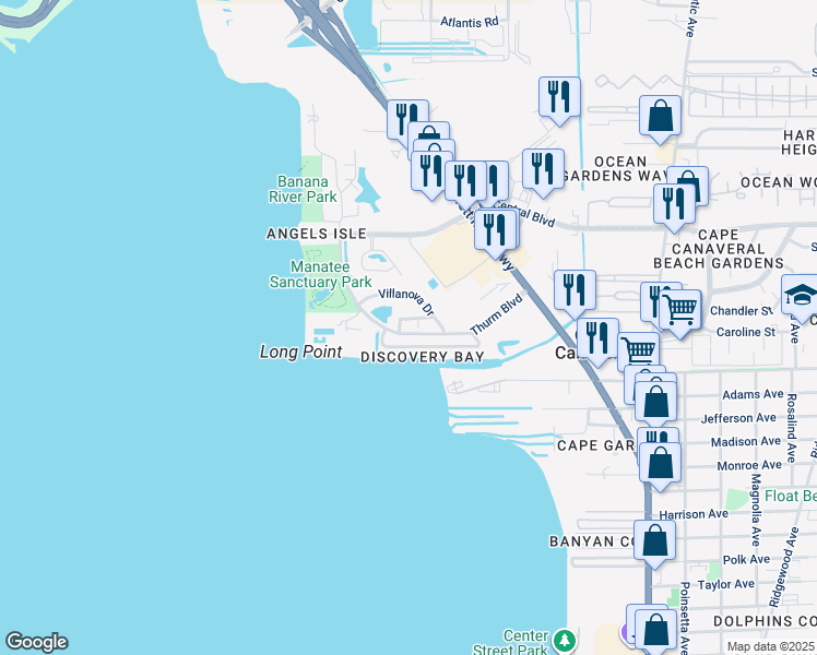 map of restaurants, bars, coffee shops, grocery stores, and more near 8630 Villanova Drive in Cape Canaveral