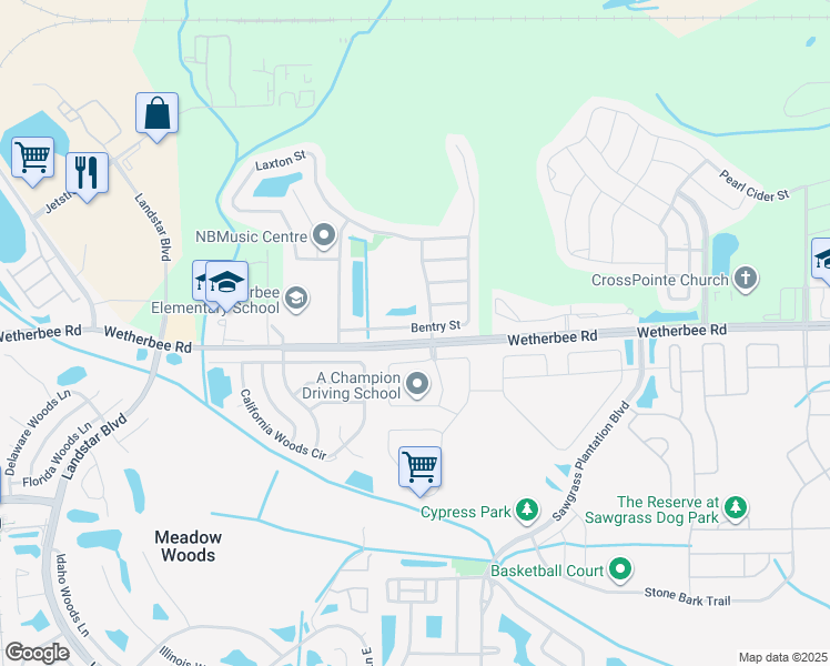 map of restaurants, bars, coffee shops, grocery stores, and more near 11400 Brindle Street in Orlando