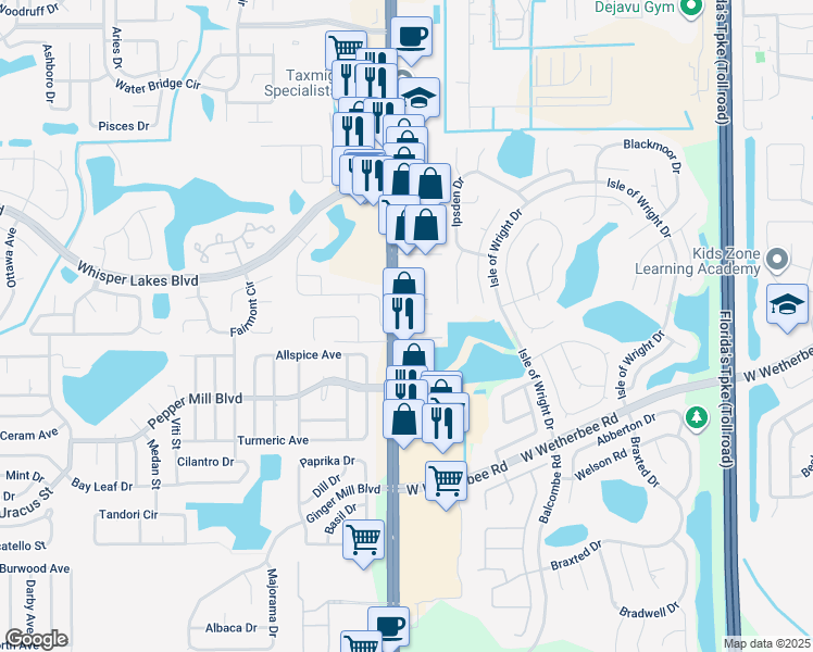 map of restaurants, bars, coffee shops, grocery stores, and more near 11837 South Orange Blossom Trail in Orlando