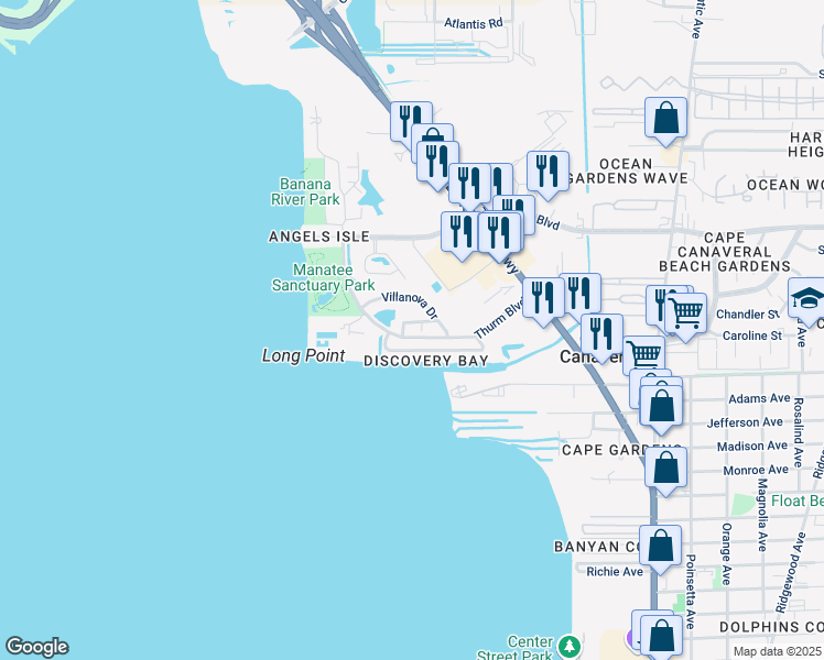 map of restaurants, bars, coffee shops, grocery stores, and more near 561 Casa Bella Drive in Cape Canaveral