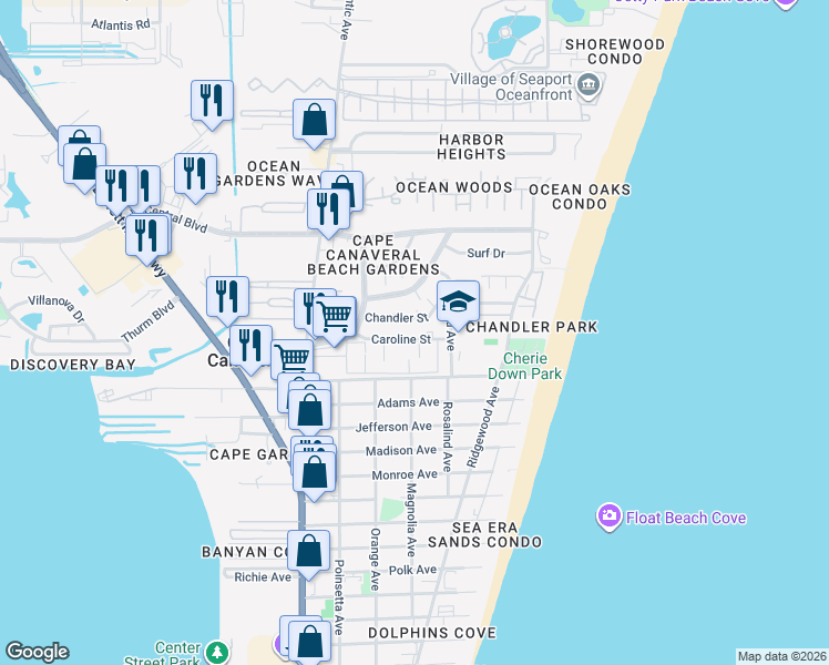 map of restaurants, bars, coffee shops, grocery stores, and more near 212 Caroline Street in Cape Canaveral