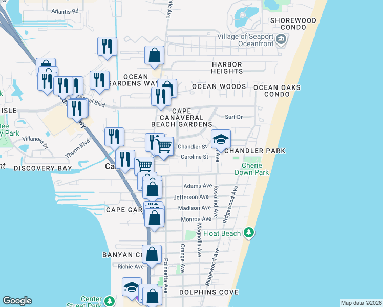 map of restaurants, bars, coffee shops, grocery stores, and more near 206 Caroline Street in Cape Canaveral