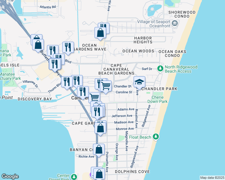 map of restaurants, bars, coffee shops, grocery stores, and more near 8200 Canaveral Boulevard in Cape Canaveral