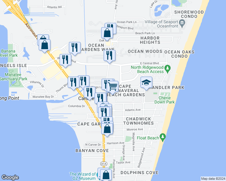 map of restaurants, bars, coffee shops, grocery stores, and more near 8200 Canaveral Boulevard in Cape Canaveral