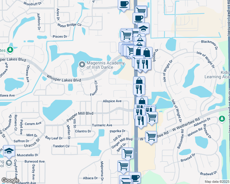 map of restaurants, bars, coffee shops, grocery stores, and more near 11860 Old Glory Drive in Orlando