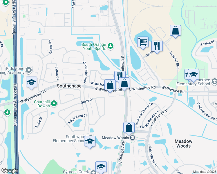 map of restaurants, bars, coffee shops, grocery stores, and more near 246 White Marsh Circle in Orlando