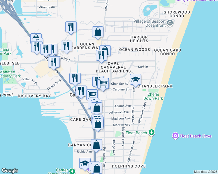 map of restaurants, bars, coffee shops, grocery stores, and more near 202 Caroline Street in Cape Canaveral