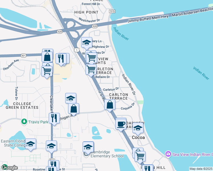 map of restaurants, bars, coffee shops, grocery stores, and more near 316 Belmont Drive in Cocoa