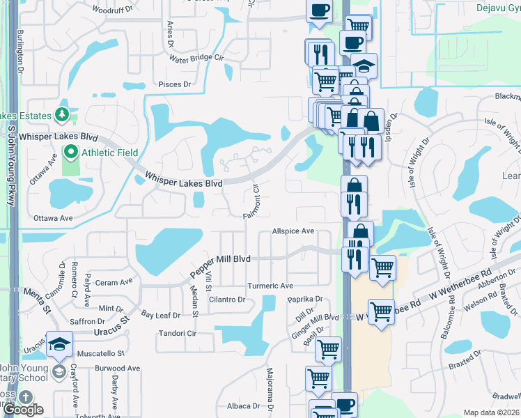 map of restaurants, bars, coffee shops, grocery stores, and more near 2020 Kinder Court in Orlando