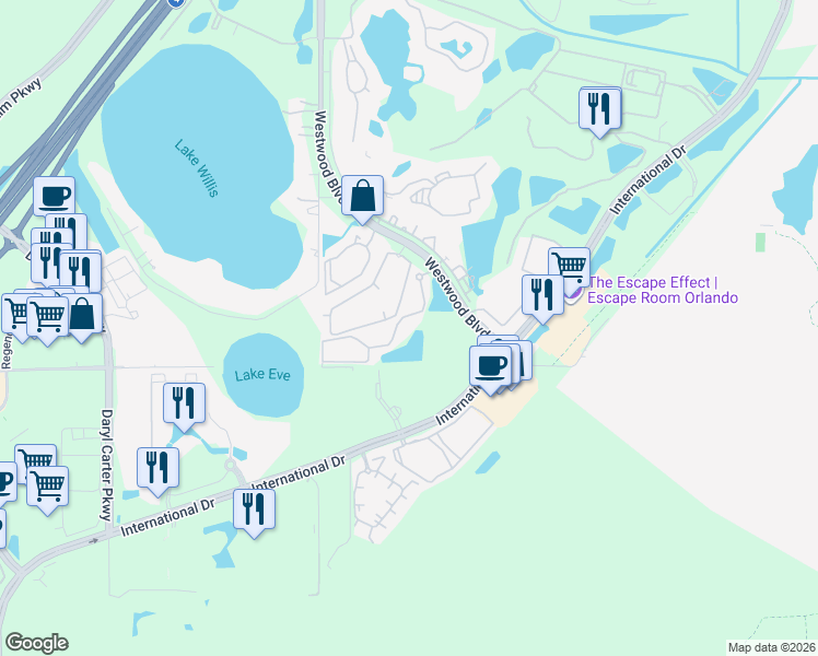 map of restaurants, bars, coffee shops, grocery stores, and more near 6813 Villa De Costa Drive in Orlando