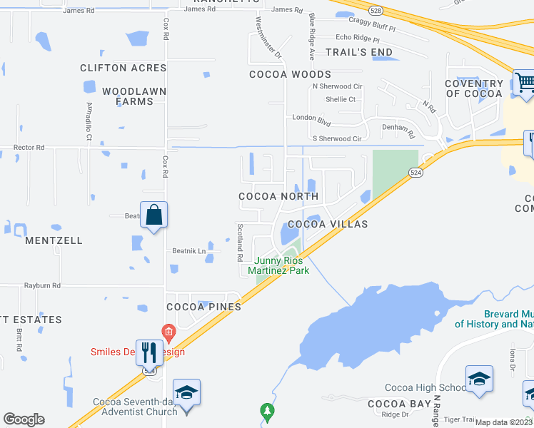 map of restaurants, bars, coffee shops, grocery stores, and more near 3837 Stonemont Drive in Cocoa