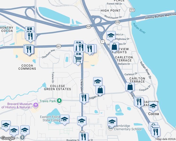 map of restaurants, bars, coffee shops, grocery stores, and more near 2600 Clearlake Road in Cocoa