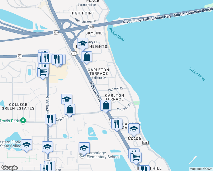 map of restaurants, bars, coffee shops, grocery stores, and more near 316 Belmont Drive in Cocoa
