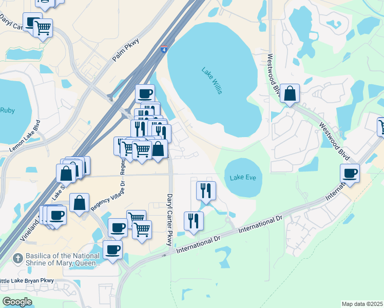 map of restaurants, bars, coffee shops, grocery stores, and more near 7241 Lake Willis Dr in Orlando