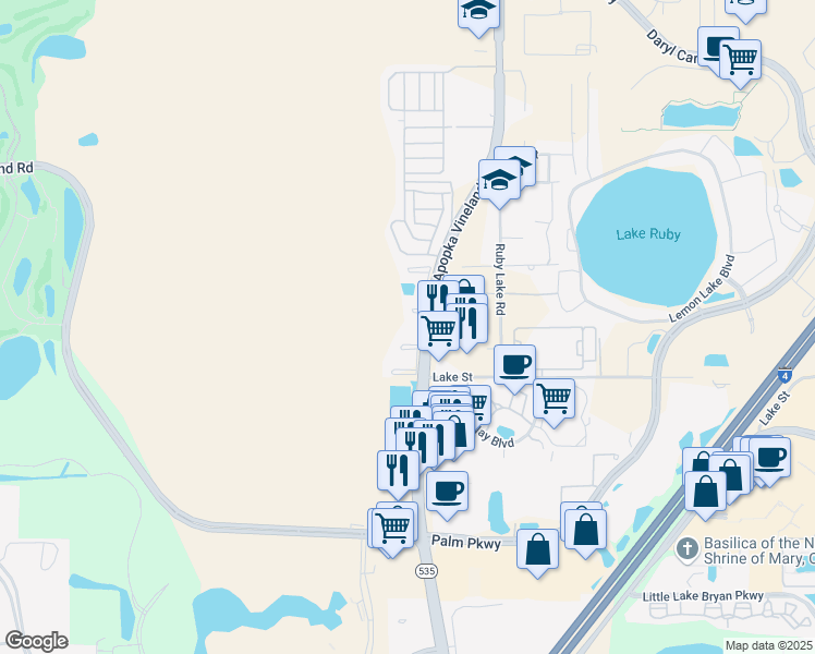 map of restaurants, bars, coffee shops, grocery stores, and more near 11826 Reedy Creek Drive in Orlando