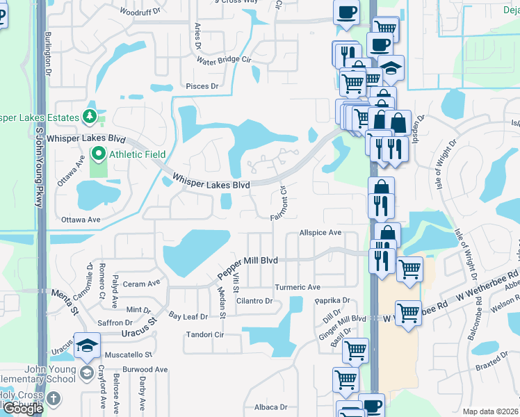 map of restaurants, bars, coffee shops, grocery stores, and more near 2131 Morrilton Court in Orlando