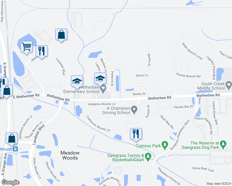 map of restaurants, bars, coffee shops, grocery stores, and more near 11419 Bentry Street in Orlando