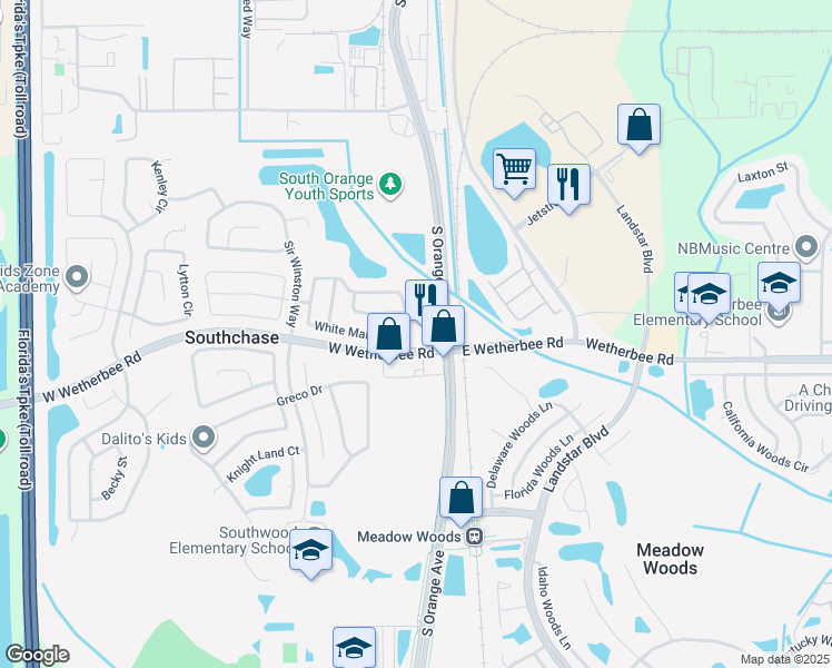 map of restaurants, bars, coffee shops, grocery stores, and more near 188 White Marsh Circle in Orlando