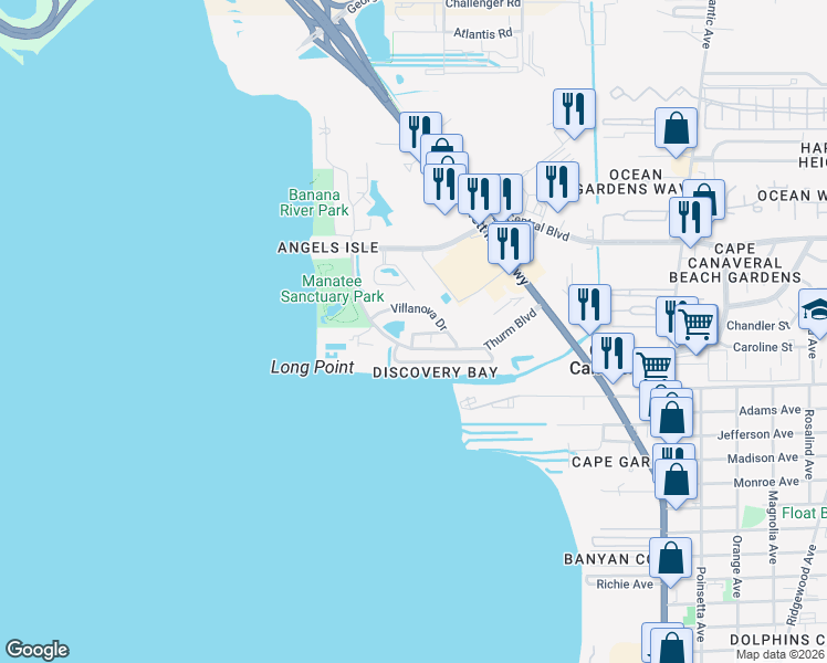 map of restaurants, bars, coffee shops, grocery stores, and more near 8670 Villanova Drive in Cape Canaveral