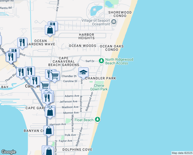 map of restaurants, bars, coffee shops, grocery stores, and more near 8496 Ridgewood Avenue in Cape Canaveral