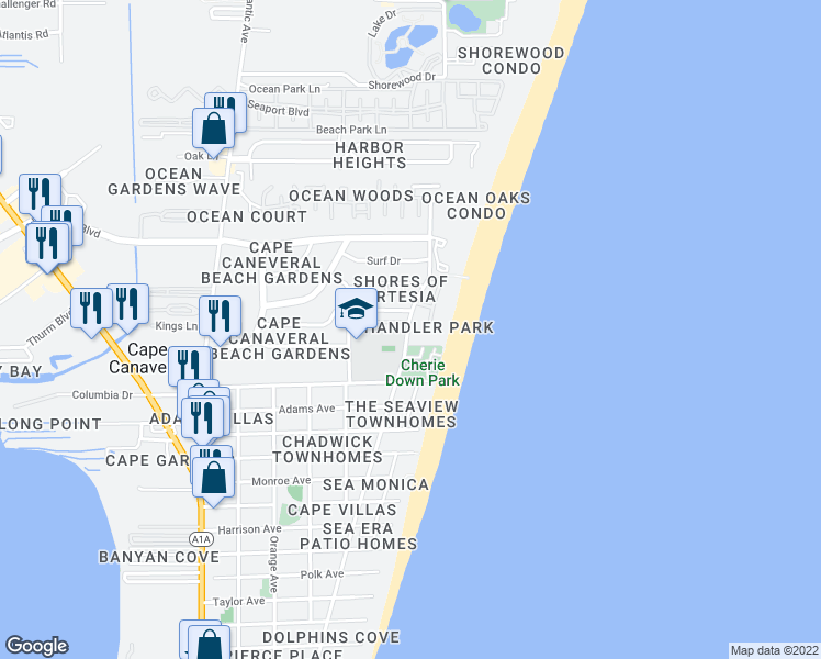 map of restaurants, bars, coffee shops, grocery stores, and more near 250 Cherie Down Lane in Cape Canaveral