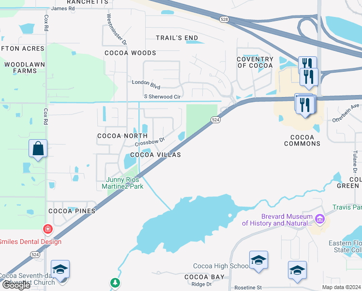 map of restaurants, bars, coffee shops, grocery stores, and more near 3602 East Malory Court in Cocoa