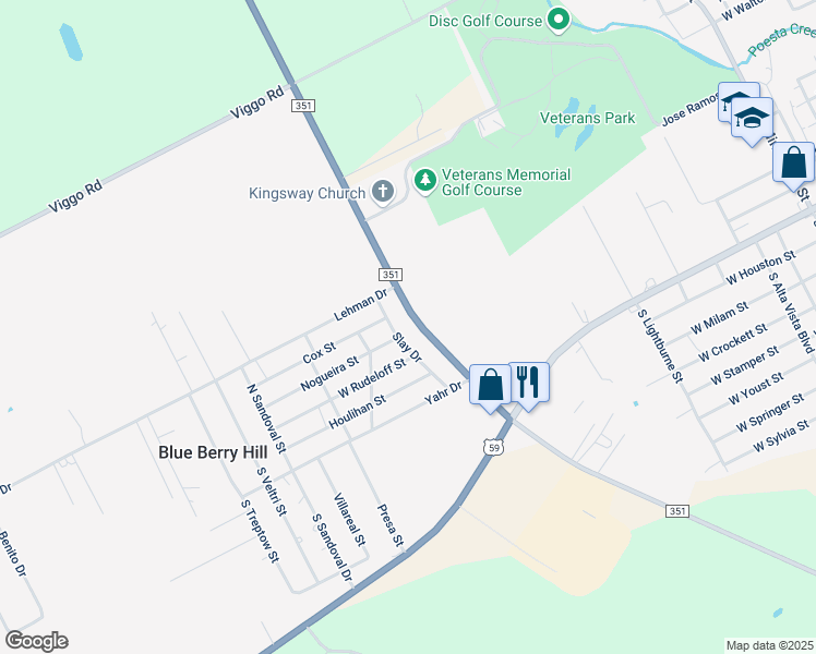map of restaurants, bars, coffee shops, grocery stores, and more near 1654 Farm to Market Road 351 in Beeville