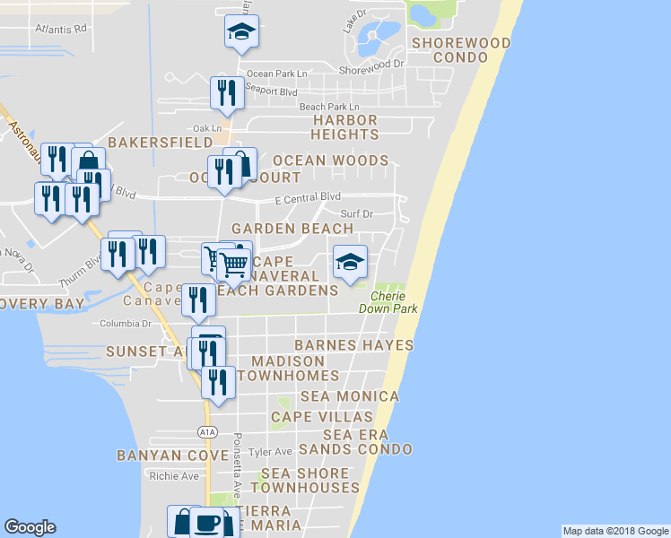 map of restaurants, bars, coffee shops, grocery stores, and more near 207 Cherie Down Lane in Cape Canaveral