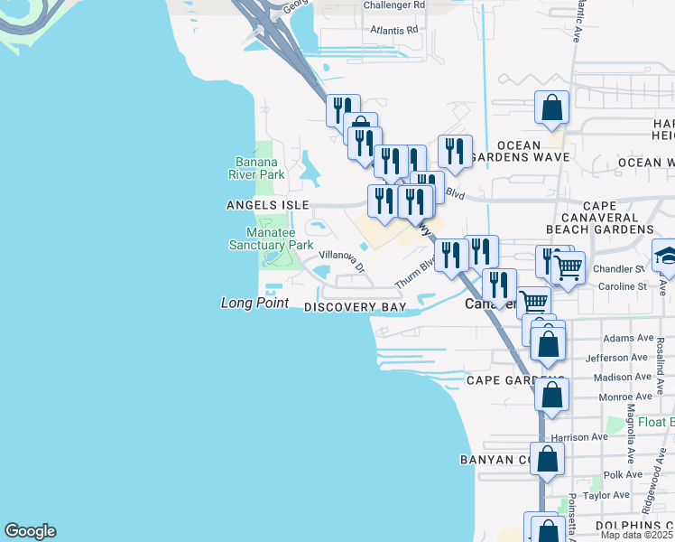 map of restaurants, bars, coffee shops, grocery stores, and more near 598 Casa Bella Drive in Cape Canaveral