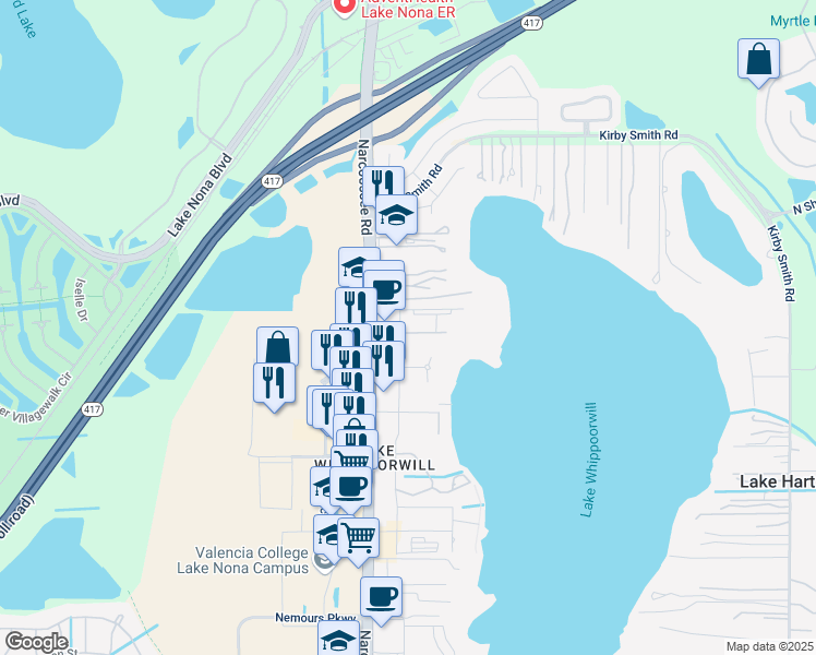 map of restaurants, bars, coffee shops, grocery stores, and more near 11869 Narcoossee Road in Orlando