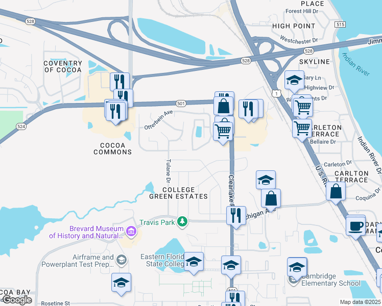 map of restaurants, bars, coffee shops, grocery stores, and more near 1925 Quail Ridge Court in Cocoa