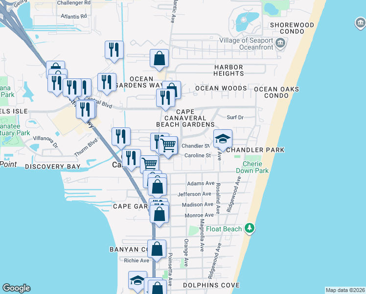 map of restaurants, bars, coffee shops, grocery stores, and more near 8545 Rosalind Avenue in Cape Canaveral