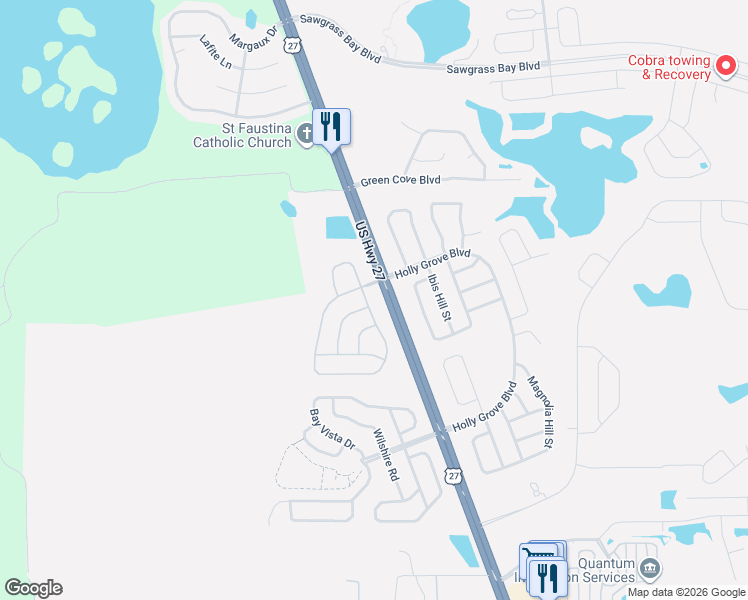 map of restaurants, bars, coffee shops, grocery stores, and more near 15206 Markham Drive in Clermont