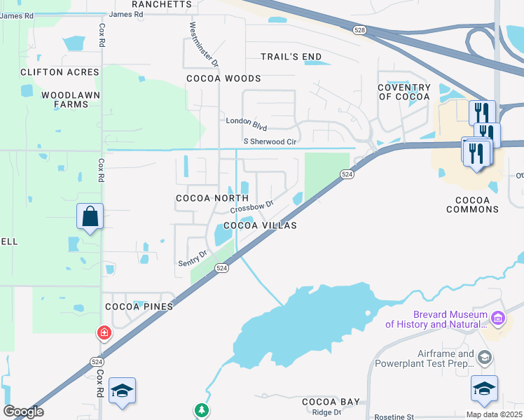 map of restaurants, bars, coffee shops, grocery stores, and more near 3703 Crossbow Dr in Cocoa