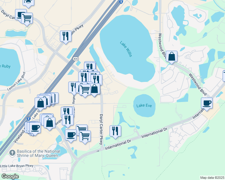 map of restaurants, bars, coffee shops, grocery stores, and more near 7241 Lake Willis Drive in Orlando