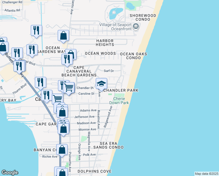 map of restaurants, bars, coffee shops, grocery stores, and more near 250 Cherie Down Lane in Cape Canaveral