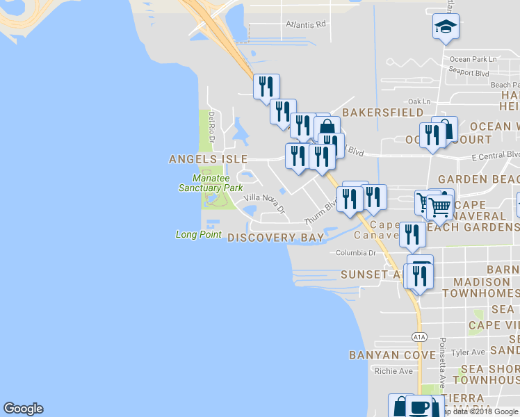 map of restaurants, bars, coffee shops, grocery stores, and more near 570 Casa Bella Drive in Cape Canaveral