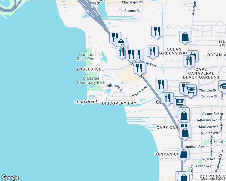 map of restaurants, bars, coffee shops, grocery stores, and more near 8630 Villanova Drive in Cape Canaveral