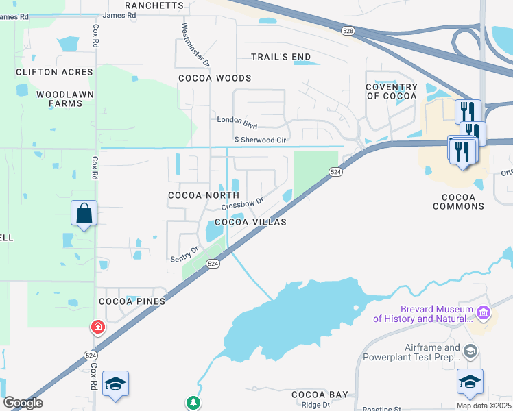 map of restaurants, bars, coffee shops, grocery stores, and more near 3703 Crossbow Drive in Cocoa