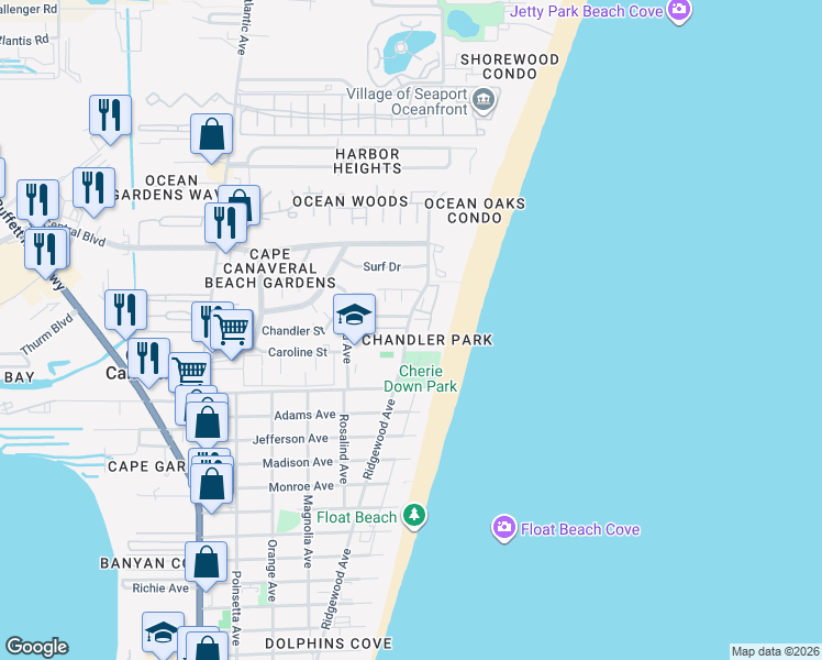 map of restaurants, bars, coffee shops, grocery stores, and more near 250 Cherie Down Lane in Cape Canaveral