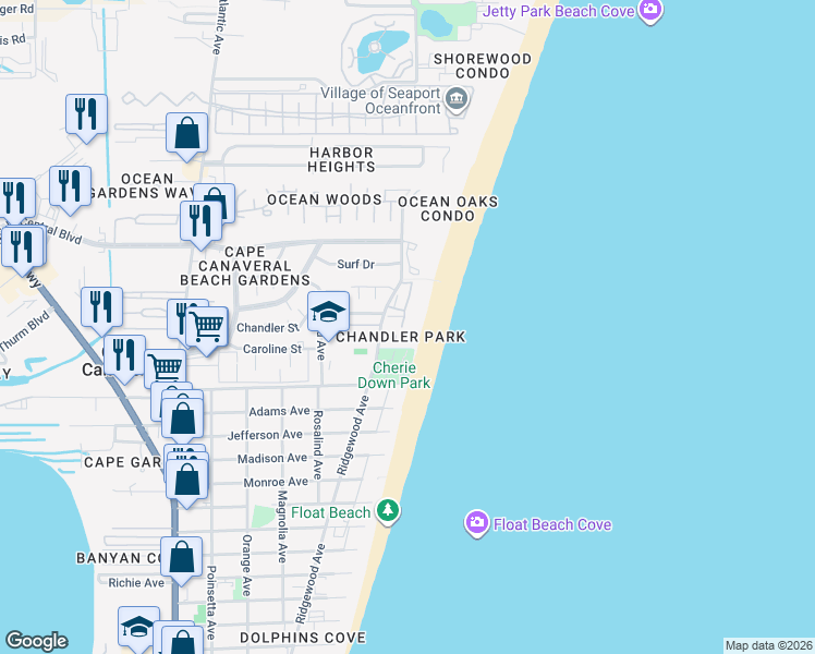 map of restaurants, bars, coffee shops, grocery stores, and more near 8496 Ridgewood Avenue in Cape Canaveral